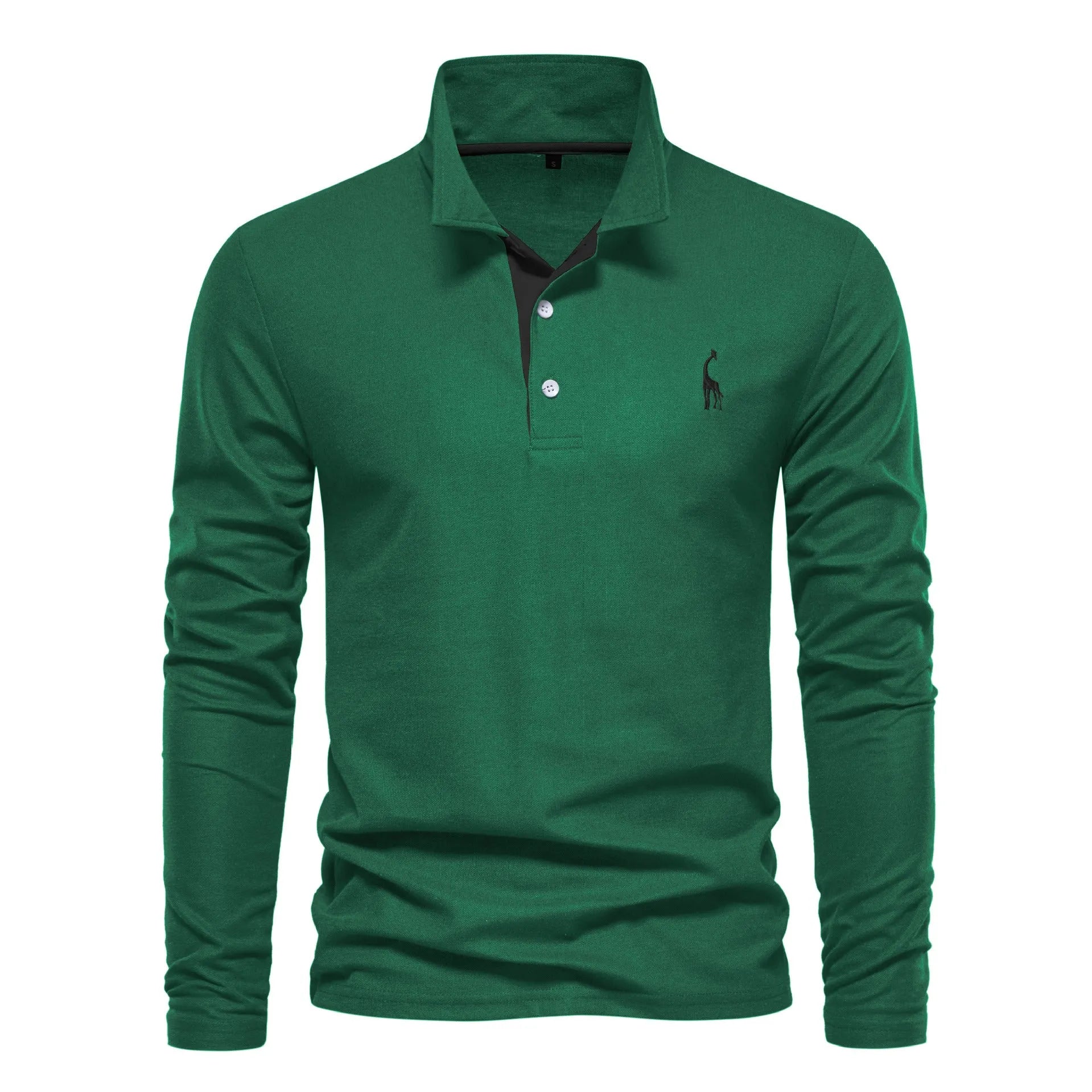 Men's casual polo long sleeve top with deer embroidery, cotton blend, available in multiple colours