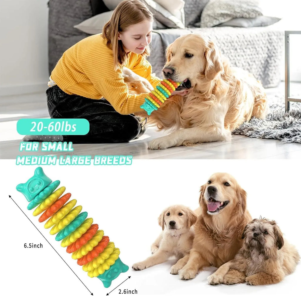 Blue natural rubber caterpillar-shaped chew toy for dogs on a wooden floor.