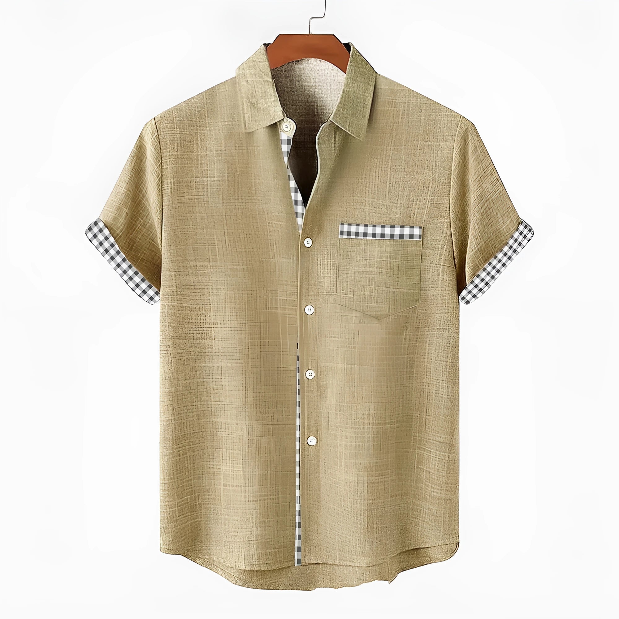 Loose fit linen short sleeve casual shirt showcasing an ocean fish pattern detail on the lapel.
