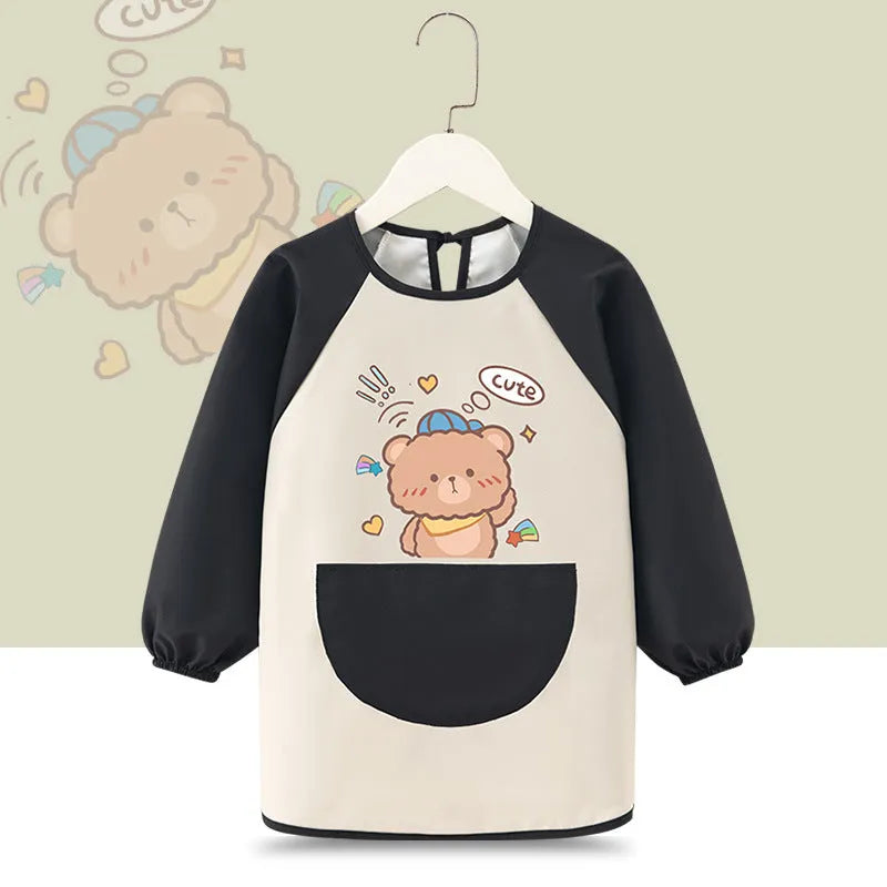 Children's waterproof painting apron with cartoon design in pink rabbit pattern, polyester fabric, inside-out style