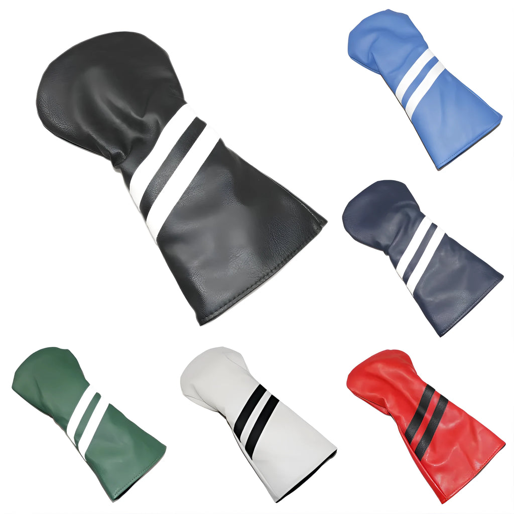 A striped PU leather golf club head cover for wood clubs, shown in blue, with size and colour options.