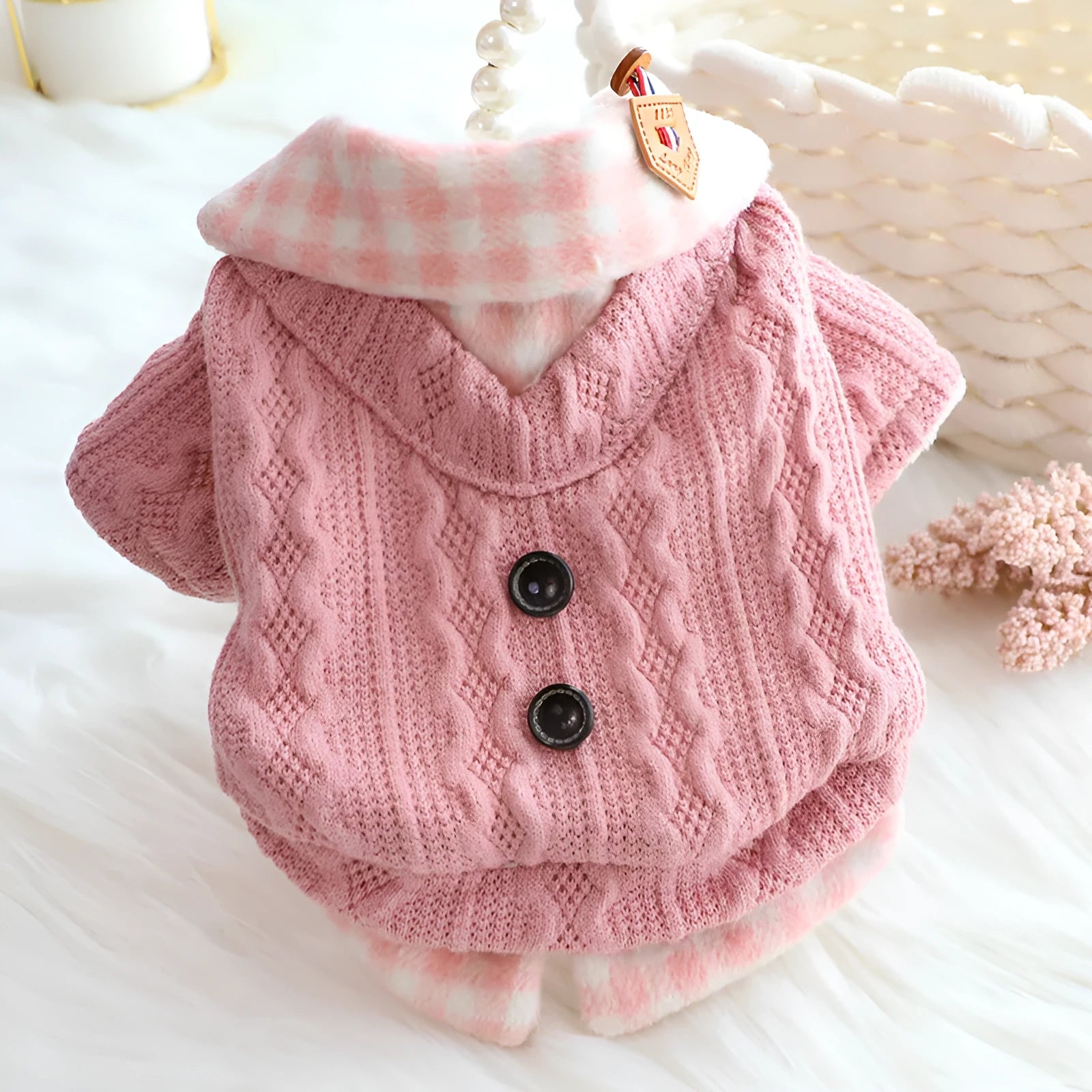 Blue plaid pattern dog sweater with fake two-piece design and fleece lining