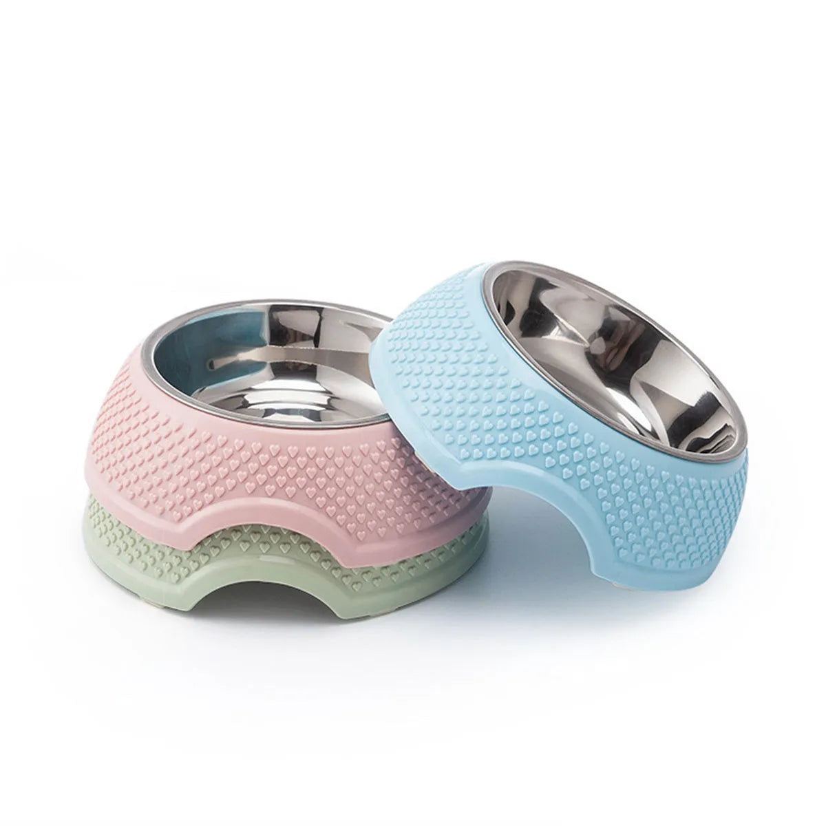 Blue stainless steel pet bowl with non-slip base on a table