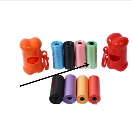 Roll of multi-coloured dog waste bags showing black, blue, green, and pink examples