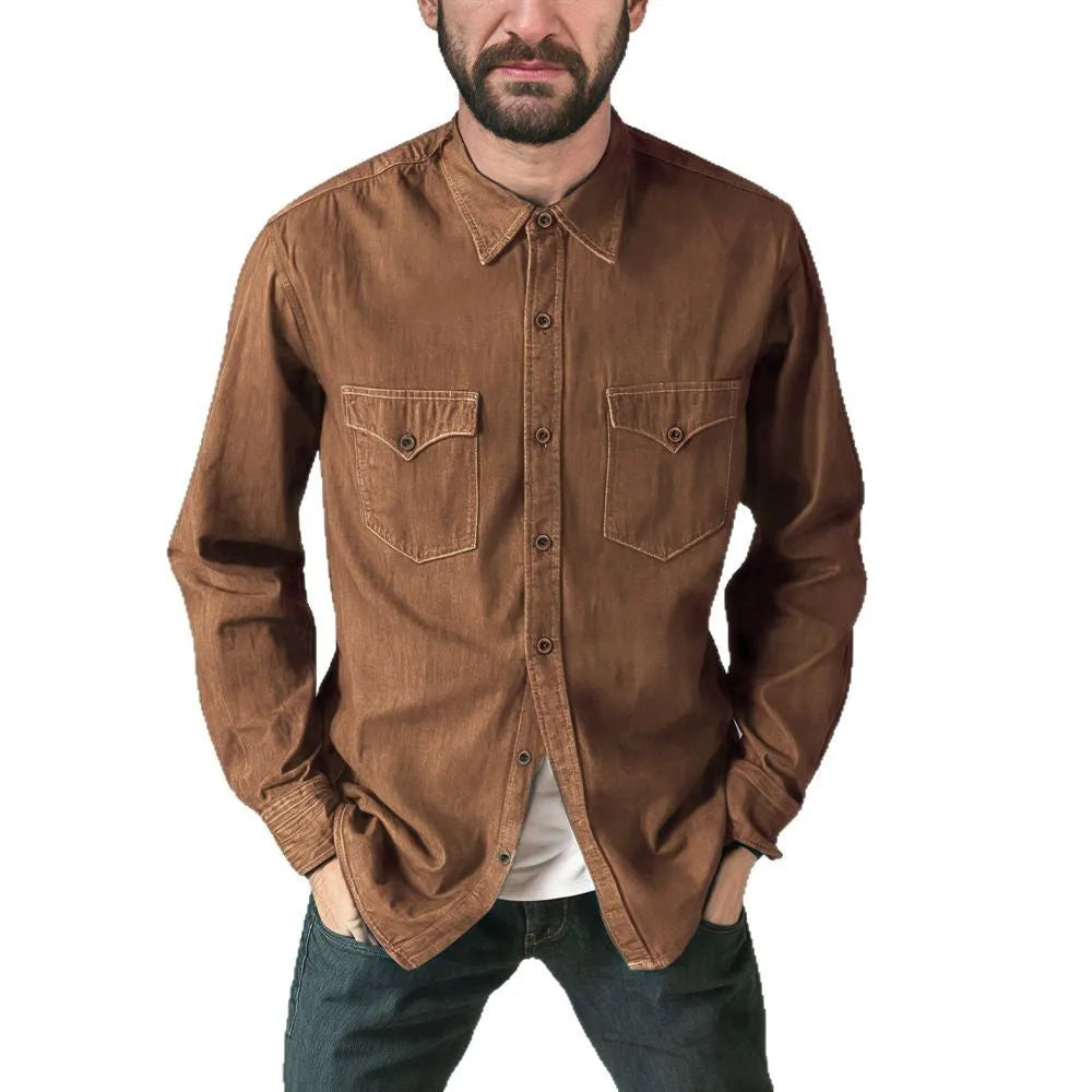 Men's regular fit denim cardigan coat in khaki, black, blue, or grey.