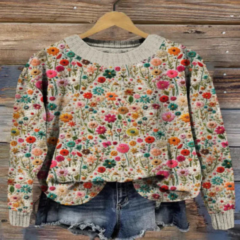 Women's little flower digital printed round neck sweater in polyester, shown in a selected colour from the YPM935 series.