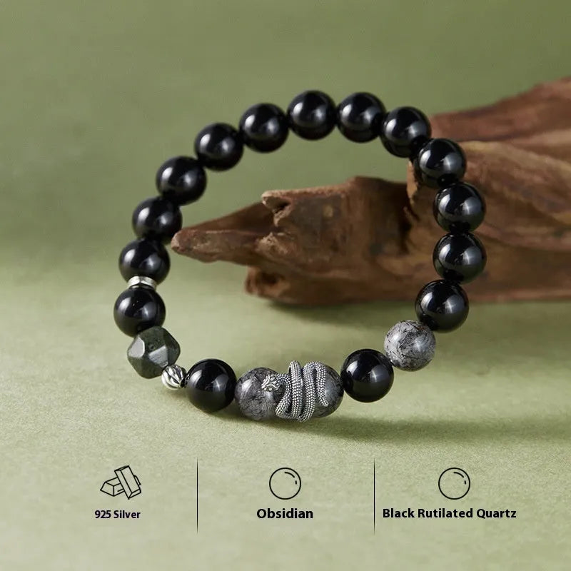 S925 sterling silver bracelet with black electroplated finish featuring obsidian and snake zodiac design