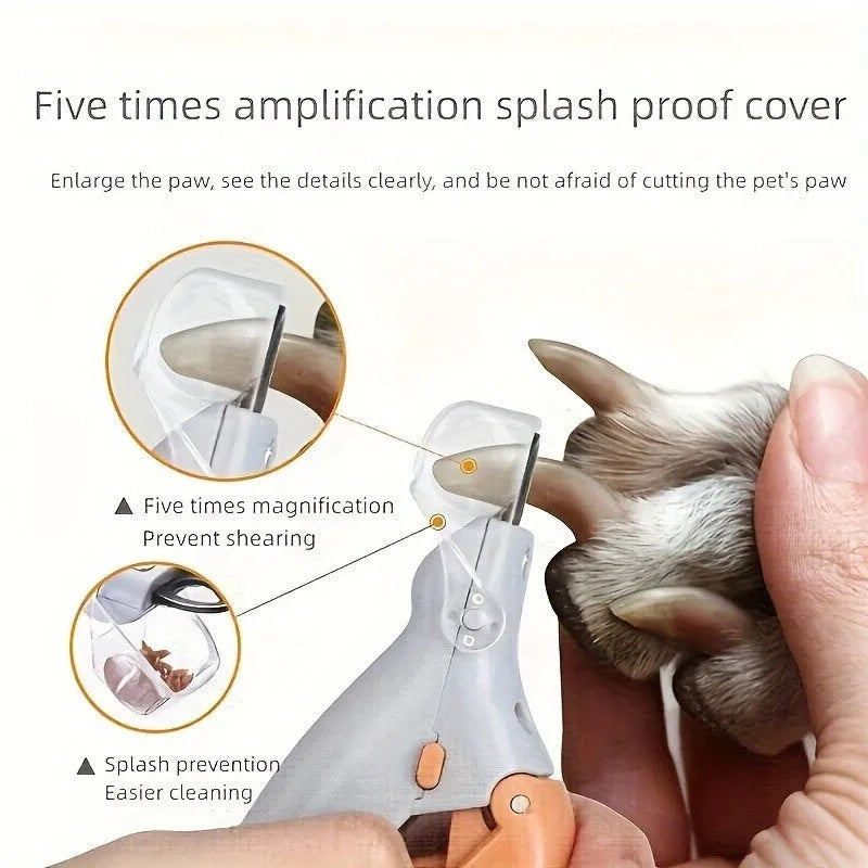 Yellow LED pet nail trimmer with magnifying glass and hardened steel blades for dogs and cats