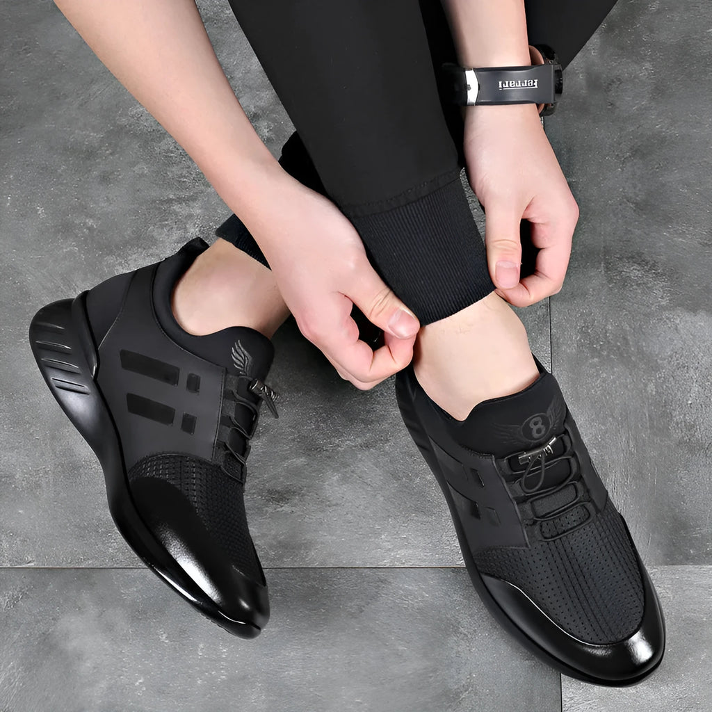 Men's black casual height increasing sneakers with genuine leather upper and hidden wedge heel