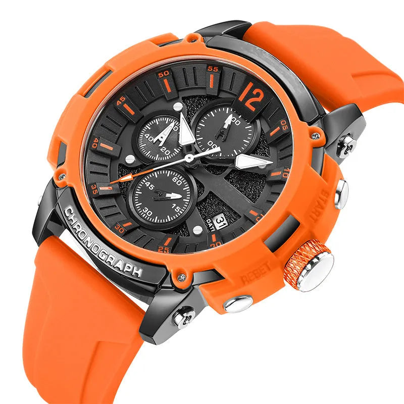 Men's digital quartz watch with calendar display showing black, blue, green, orange and red colour options