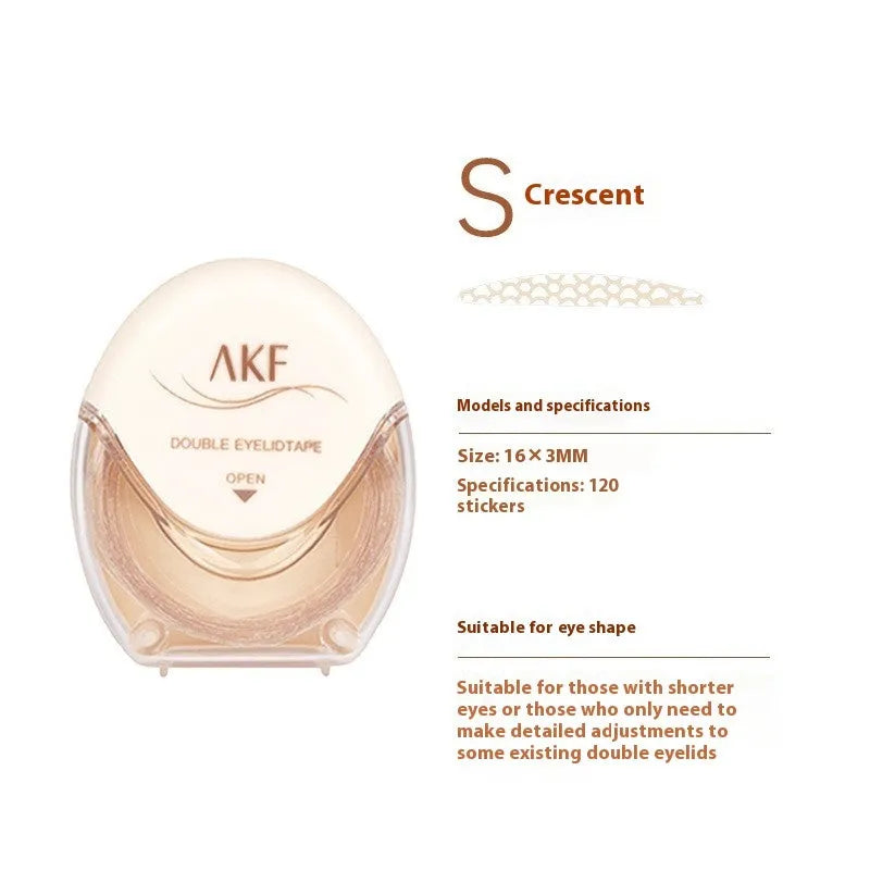 Double eyelid stickers showing invisible lace design in three shapes: Crescent S, Crescent M and Olive M