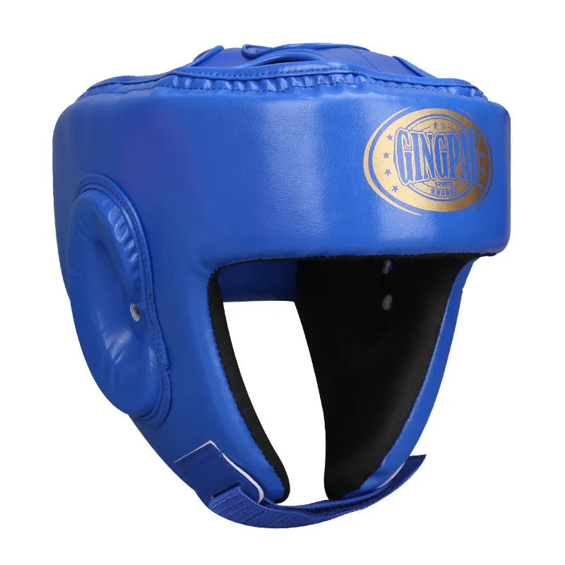 Fully enclosed PU boxing helmet with jaw protection in black, front view