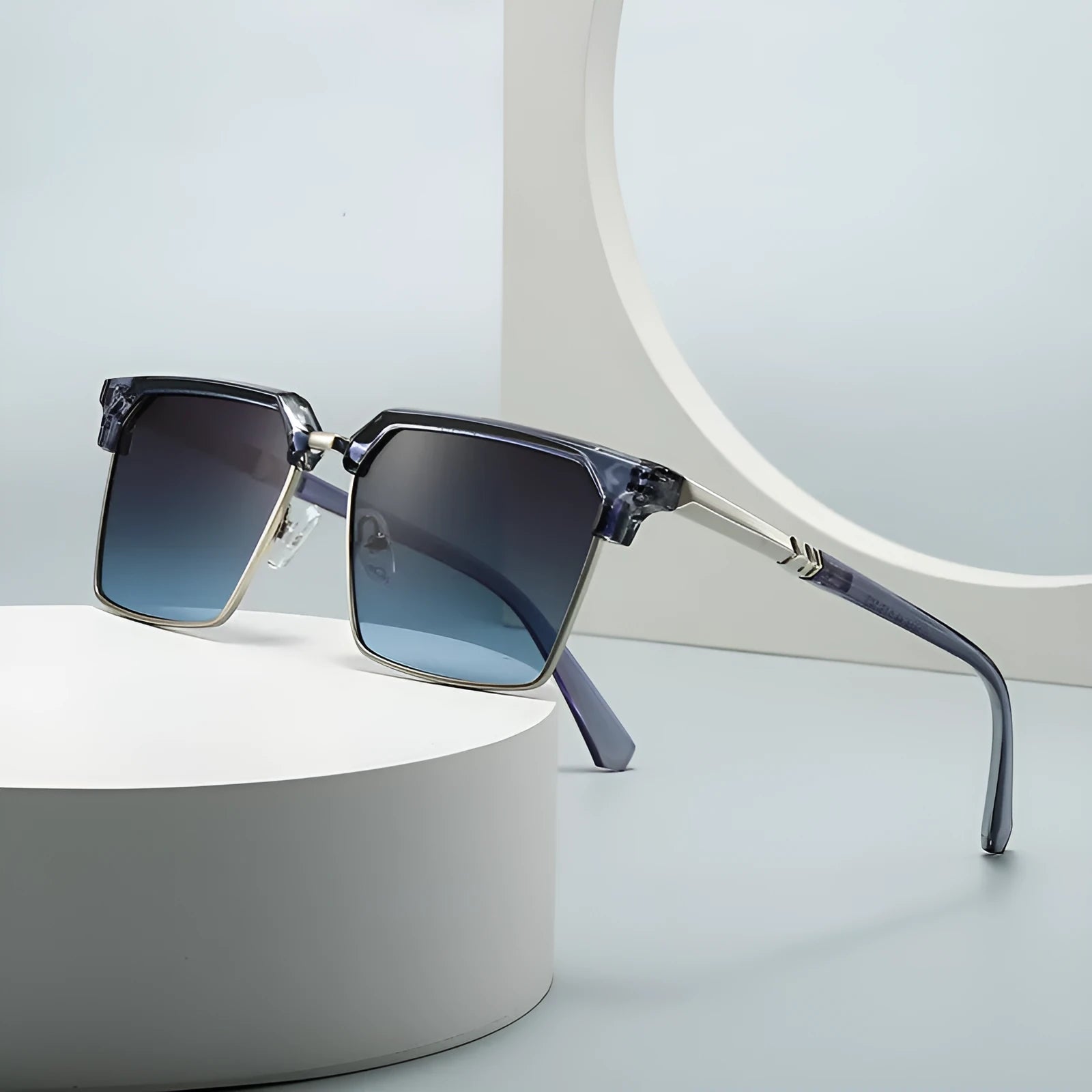 Men's square plastic sunglasses in six colour options on a white background.