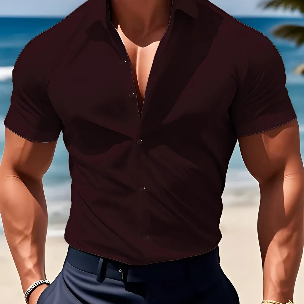 Men's printed short sleeve casual shirt with collar in multiple colour options showing cardigan style