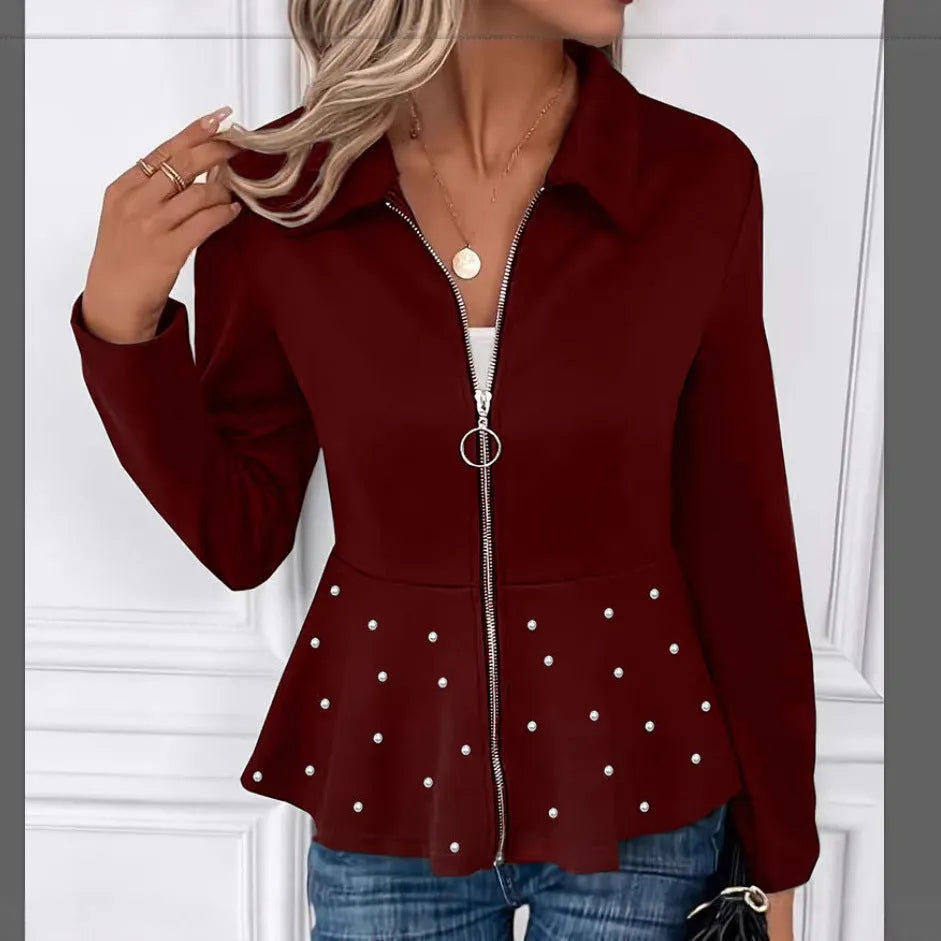 Women's black coat with heavy-duty zipper and ruffled hem in loose fit design