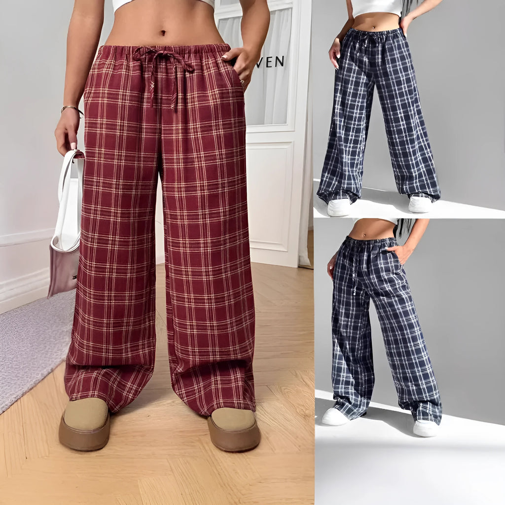 Women's plaid pattern casual trousers with drawstring waist and front pockets in blue colour option