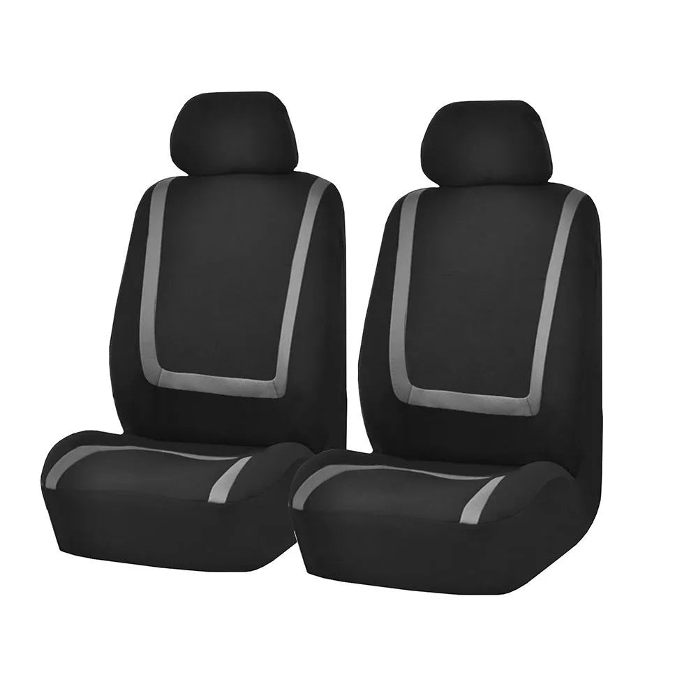 Universal fabric car seat cover set showing headrest and seat panels in a two-tone colour option