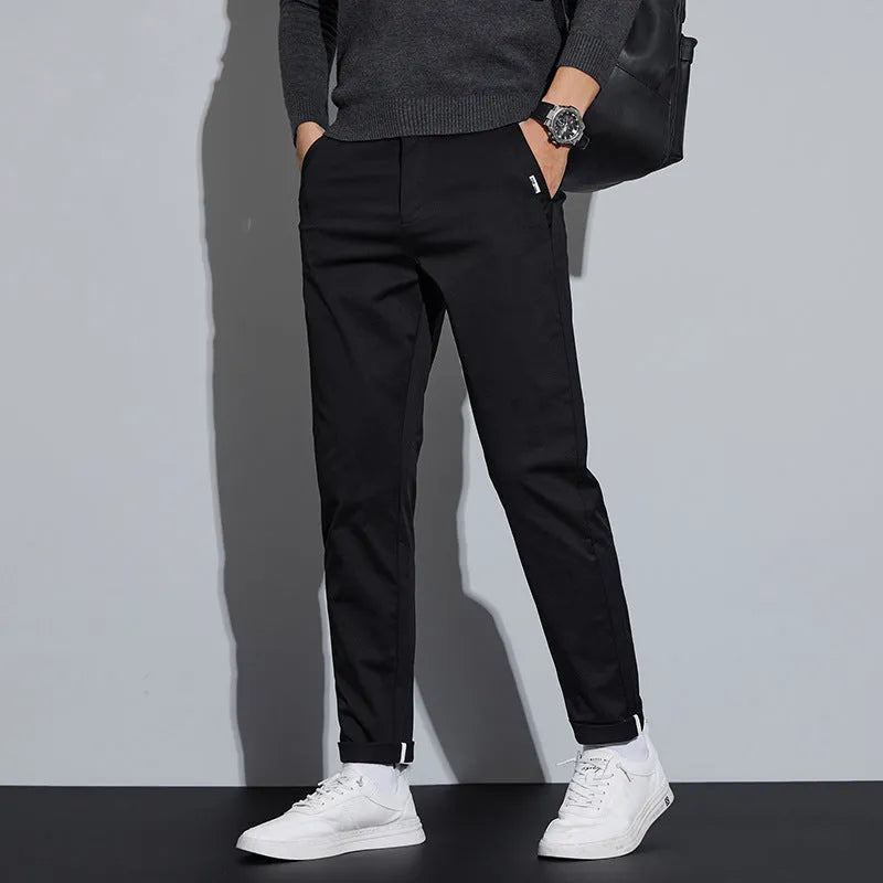 Combed cotton light business casual trousers for men in four colours with mid-rise elastic waist
