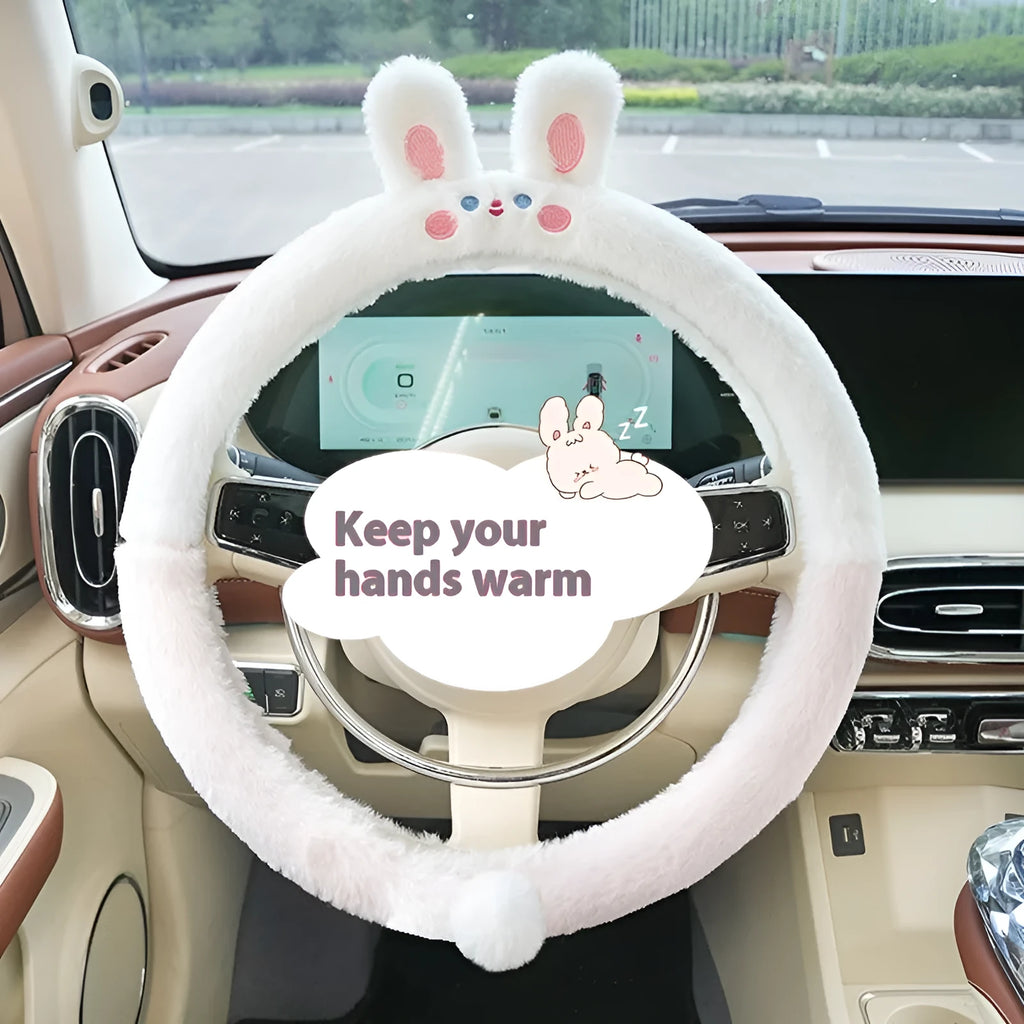 Rabbit fur plush steering wheel cover with embroidered cartoon panda design for winter.