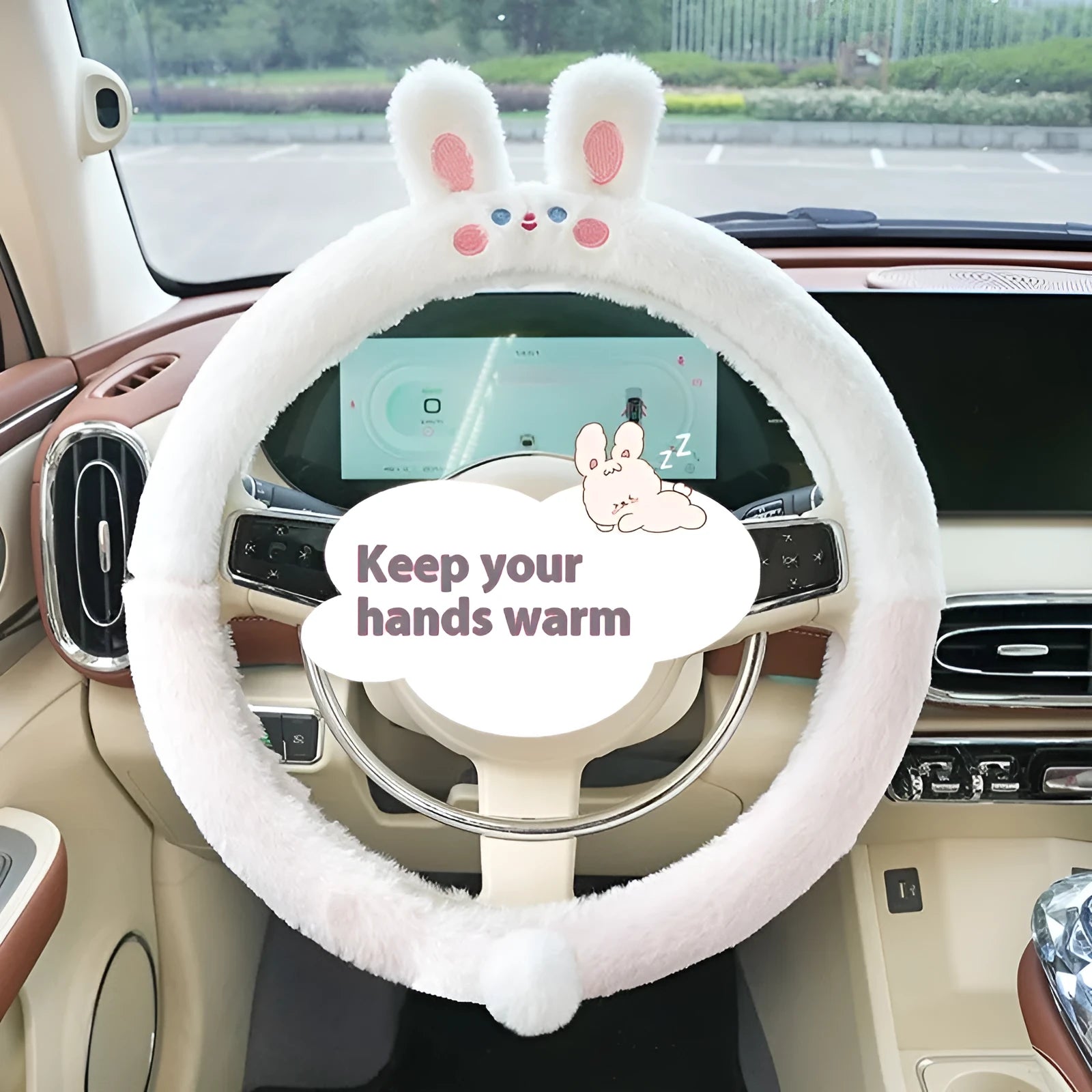 Rabbit fur plush steering wheel cover with embroidered cartoon panda design for winter.