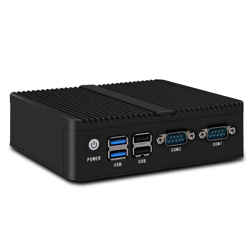 Compact metal industrial fanless mini PC host for control systems with connectivity ports.