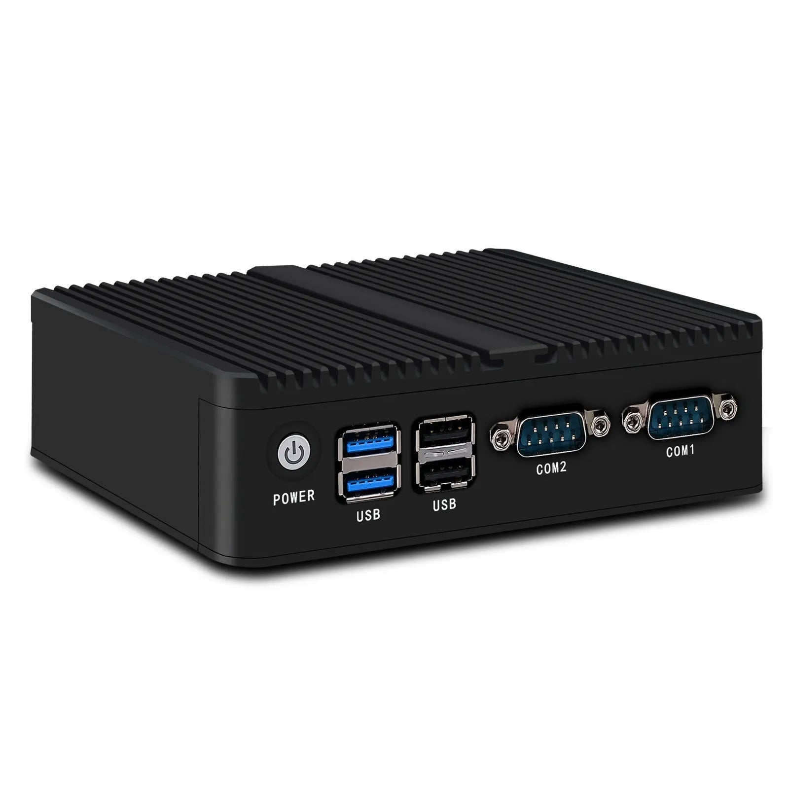 Compact metal industrial fanless mini PC host for control systems with connectivity ports.