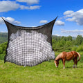 Woven PE rope grid horse feeding bag in black colour showing hanging design and weaving construction