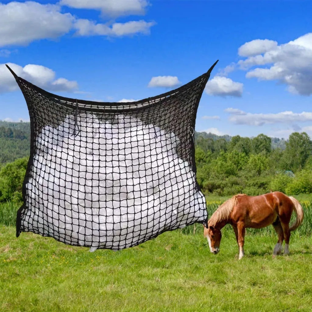 Woven PE rope grid horse feeding bag in black colour showing hanging design and weaving construction