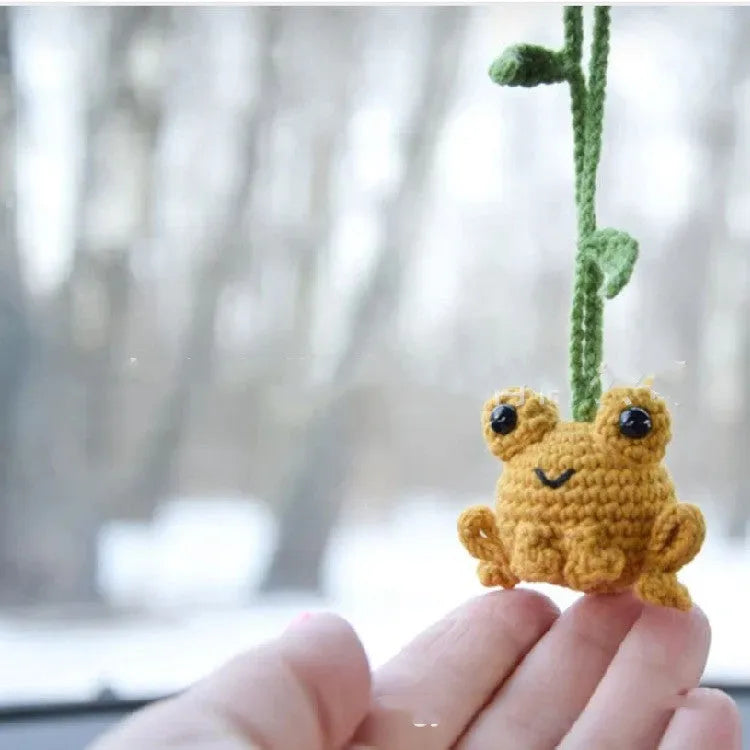 Handmade woven frog car pendant in green, orange, or grass green plush material