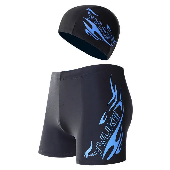 Men's boxer style swimming trunks in blue fire pattern on black background