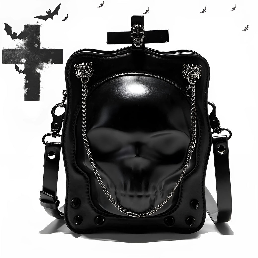 Black Gothic mini square messenger bag with embossed skull design, metal rivets, and a chain strap.