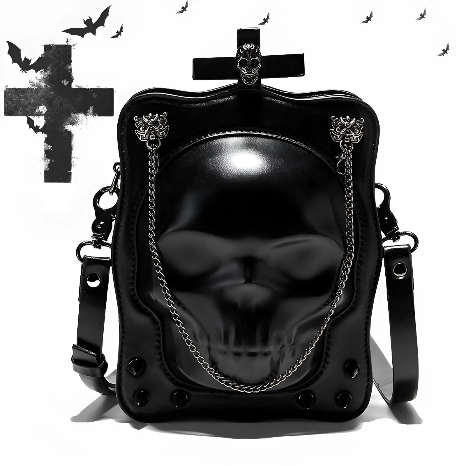 Black Gothic mini square messenger bag with embossed skull design, metal rivets, and a chain strap.