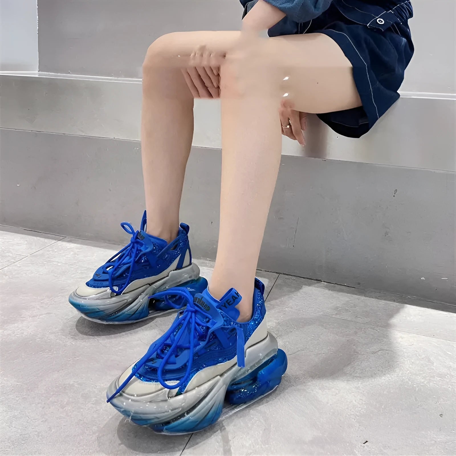 Women's leather sports shoes with thick rubber soles and jelly detailing in multiple colours