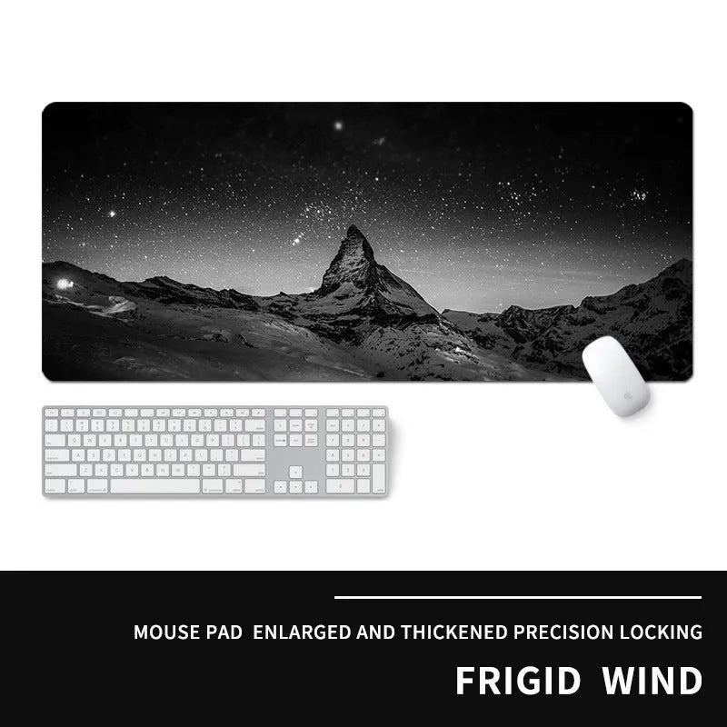Oversized gaming mouse pad with cold-themed design on natural rubber base