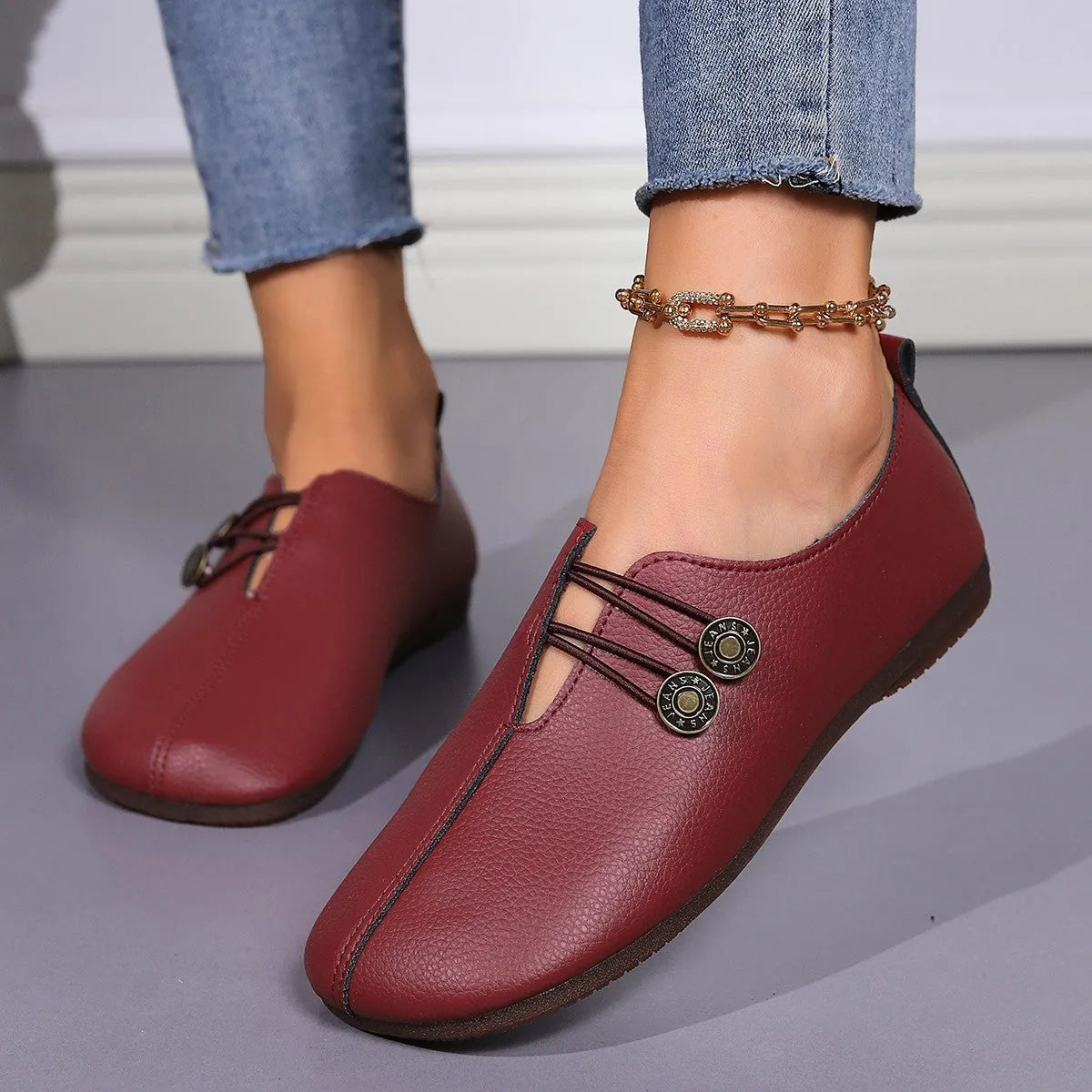 Women's casual square toe slip-on button loafers in artificial PU with TPR sole
