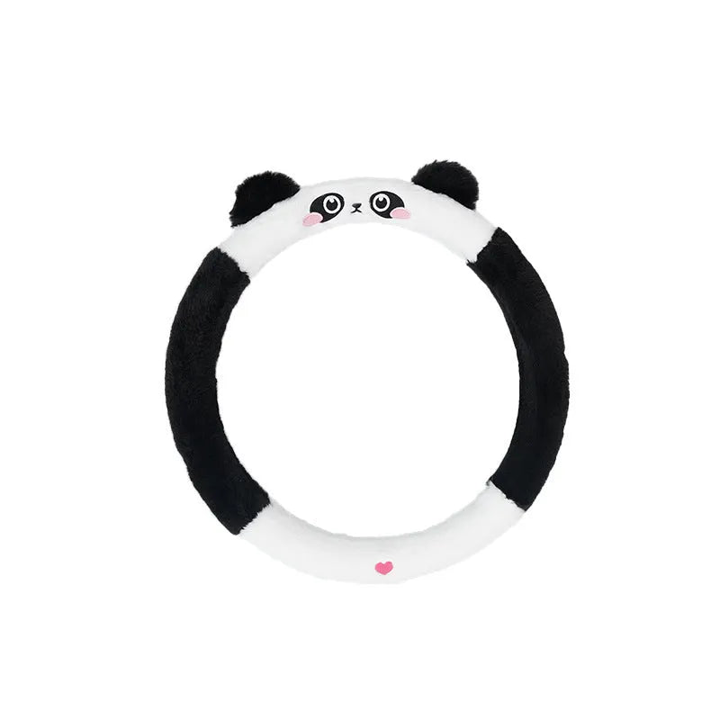 Rabbit fur plush steering wheel cover with embroidered cartoon panda design for winter.