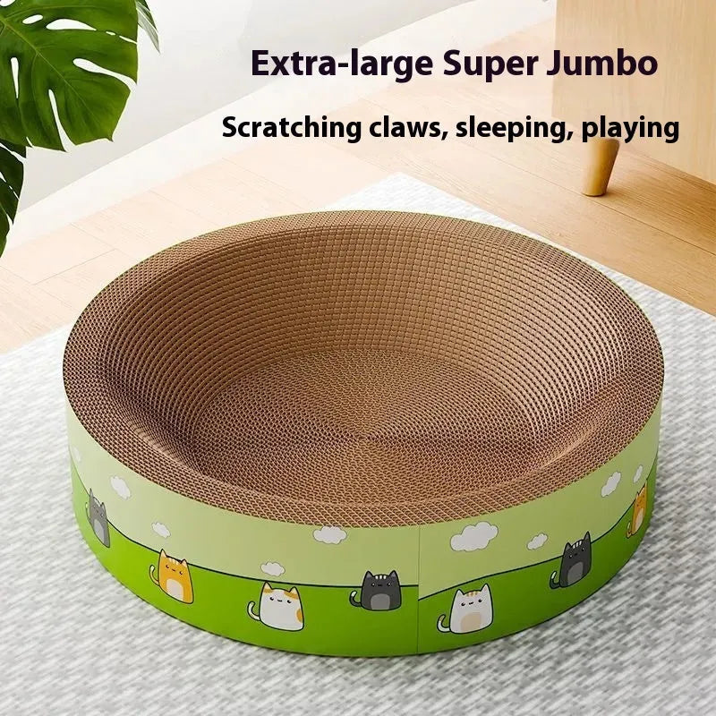 Large round deep-pit cat scratching board made from brown corrugated paper.