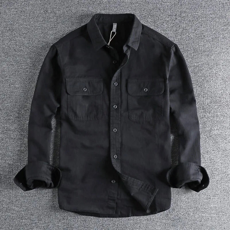 Men's loose cardigan-style long sleeve shirt in light grey, black, khaki or green colours