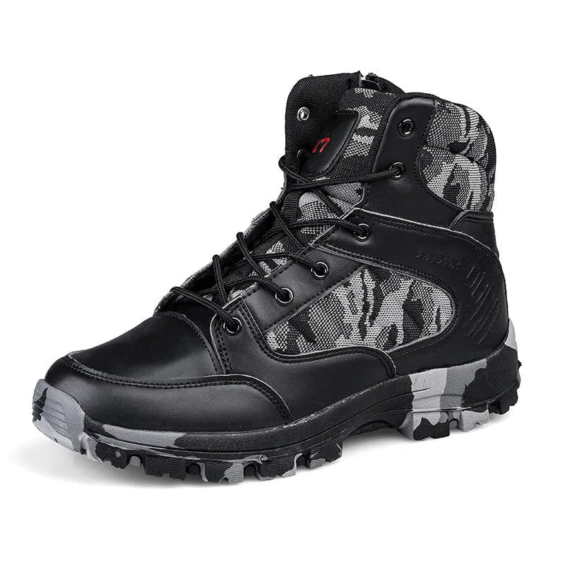 Men's black high-top hiking shoes with metal details and artificial PU upper, side view.