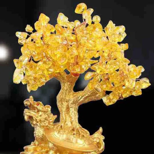 Citrine colour resin Feng Shui turtle money tree ornament in Chinese style