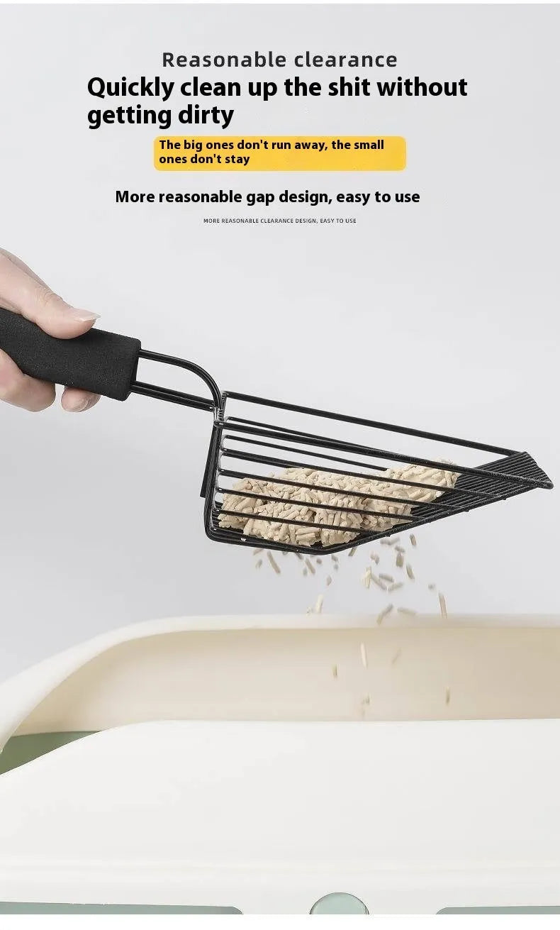 Black metal cat litter scoop with narrow tine spacing for efficient waste removal from litter trays