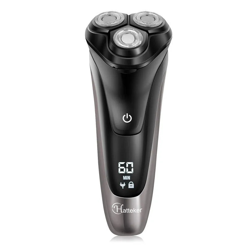 Men's electric shaver kit with three rotating cutter heads, USB charging cable, and pop-up sideburn trimmer