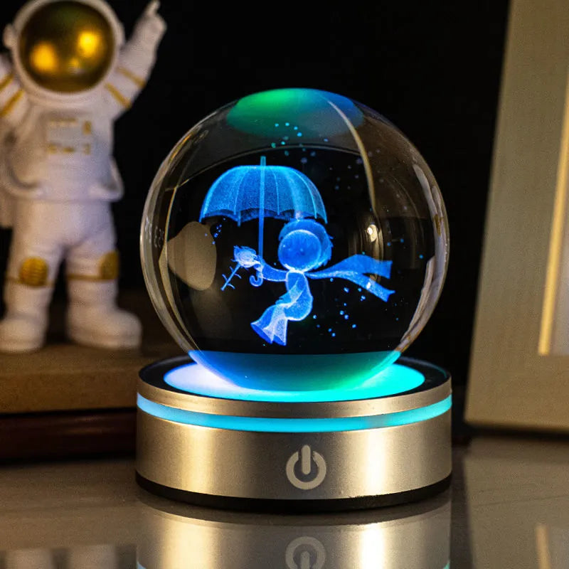 Creative 3D inner carving luminous crystal ball night lamp with colourful gradient and round touch base, 8cm, white crystal