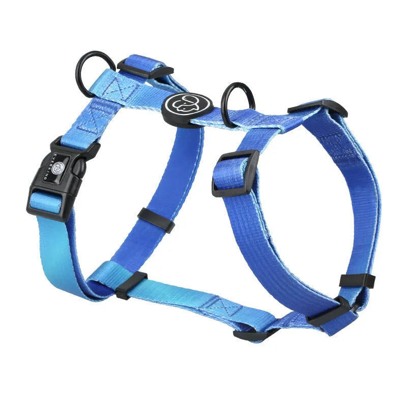 Gradient colour dog harness chest straps in purple, blue, neon, and green designs with adjustable sizing.