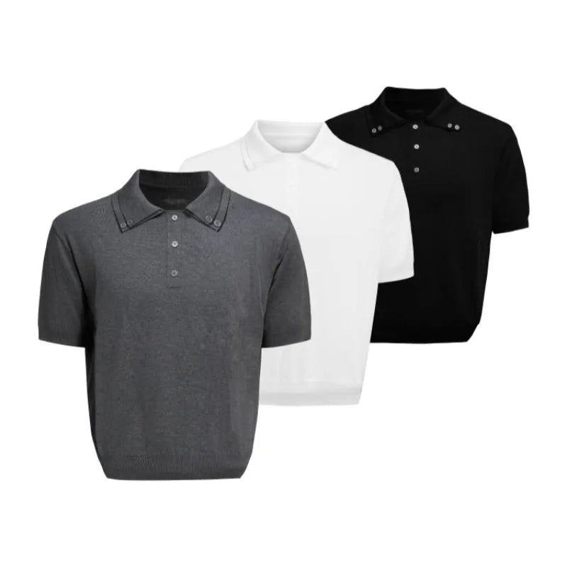 Man wearing a grey double collar lapel short sleeve polyester knit shirt in a loose fit