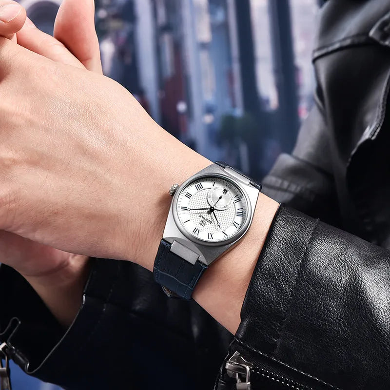 Men's quartz watch with white shell white surface, calendar, and waterproof build, 12mm thickness, business style