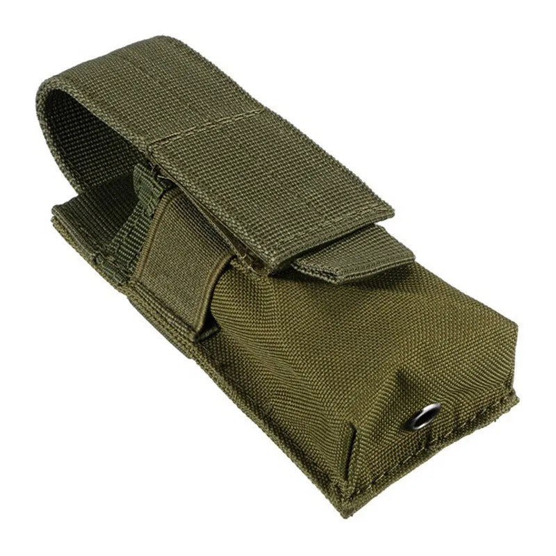 Black tactical Molle waist pouch with elastic cord buckle, shown attached to a belt.