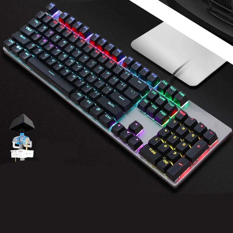 AOC GK410 mechanical keyboard with 104 keys, metal frame, and backlit keys on a desktop.