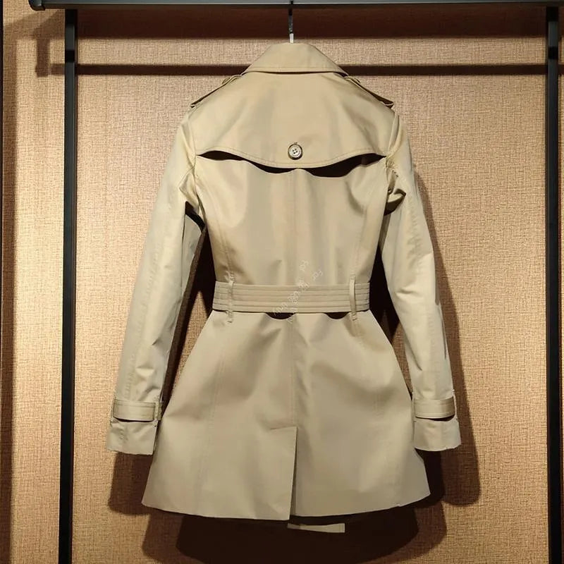 Khaki women's double-breasted trench coat with flight sleeves and shoulder detail