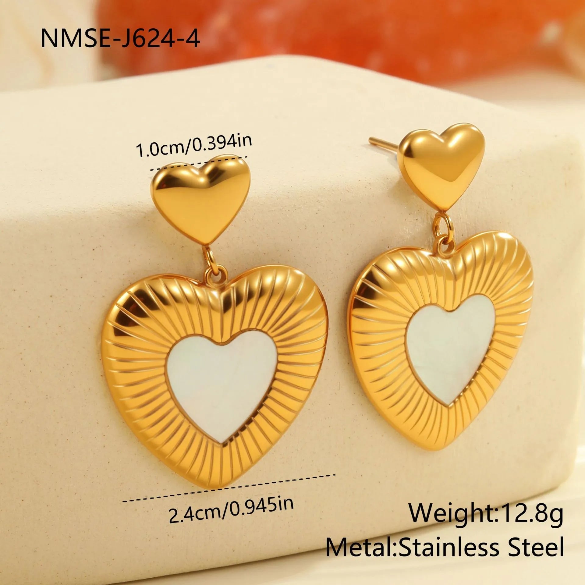 Gold-colour heart-shaped stainless steel earrings for women with electroplated finish